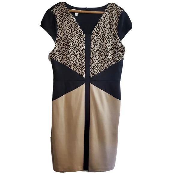 London Times Womens Dress Black Tan Animal Print Sheath Size 14 Career Leopard - Picture 1 of 4